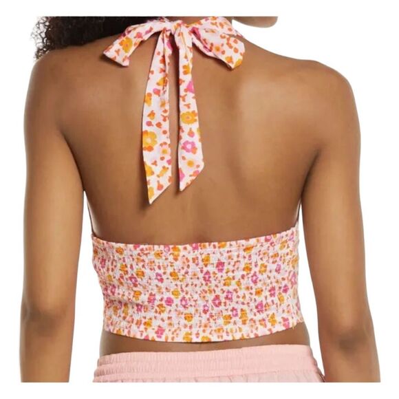 BP Sally Retro Floral Halter Top White Orange Pink V-Neck Smock Back 3X - Picture 2 of 7
